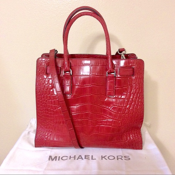 Michael Kors Lg Dillon Croc Embossed Leather Red Tote - Picture 5 of 12